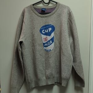 Cream Crewneck Sweater with Blue Cup Graphic